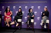 28 May 2024; Pictured at the launch of the 2024 TG4 All-Ireland Ladies Football Championships in Dublin, is Máire Ní Bhraonáin with, from left, Grace Clifford of Kildare, Martha Jordan of London and Aoibhinn McHugh of Tyrone . All roads lead to Croke Park for the 2024 TG4 All-Ireland Junior, Intermediate and Senior Finals on Sunday August 4, as the Ladies Gaelic Football Association also gets set to celebrate its 50th anniversary on July 18, 2024. #ProperFan. Photo by David Fitzgerald/Sportsfile