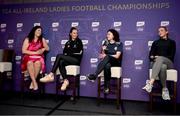 28 May 2024; Pictured at the launch of the 2024 TG4 All-Ireland Ladies Football Championships in Dublin, is Máire Ní Bhraonáin with, from left, Grace Clifford of Kildare, Martha Jordan of London and Aoibhinn McHugh of Tyrone . All roads lead to Croke Park for the 2024 TG4 All-Ireland Junior, Intermediate and Senior Finals on Sunday August 4, as the Ladies Gaelic Football Association also gets set to celebrate its 50th anniversary on July 18, 2024. #ProperFan. Photo by David Fitzgerald/Sportsfile