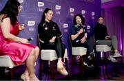 28 May 2024; Pictured at the launch of the 2024 TG4 All-Ireland Ladies Football Championships in Dublin, is Máire Ní Bhraonáin with, from left, Grace Clifford of Kildare, Martha Jordan of London and Aoibhinn McHugh of Tyrone . All roads lead to Croke Park for the 2024 TG4 All-Ireland Junior, Intermediate and Senior Finals on Sunday August 4, as the Ladies Gaelic Football Association also gets set to celebrate its 50th anniversary on July 18, 2024. #ProperFan. Photo by David Fitzgerald/Sportsfile