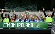 29 May 2024; Our Lady’s Grove PS, Dublin, celebrate winning the girls C cup, for large sized schools, during the FAI Primary 5s Finals day at Aviva Stadium in Dublin. Photo by Stephen McCarthy/Sportsfile