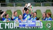 29 May 2024; Marshalstown NS, Wexford, players celebrate after winning the girls B cup, for medium schools, during the FAI Primary 5s Finals day at Aviva Stadium in Dublin. Photo by Stephen McCarthy/Sportsfile