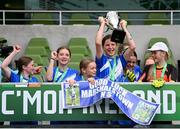 29 May 2024; Marshalstown NS, Wexford, players celebrate after winning the girls B cup, for medium schools, during the FAI Primary 5s Finals day at Aviva Stadium in Dublin. Photo by Stephen McCarthy/Sportsfile