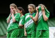 29 May 2024; Scoil Phádraig, Westport, Mayo, after losing a play-off match on penalties in the finals of the girls B cup, for medium schools, during the FAI Primary 5s Finals day at Aviva Stadium in Dublin. Photo by Stephen McCarthy/Sportsfile