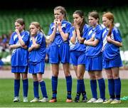 29 May 2024; Marshalstown NS, Wexford, players during a penalty shoot-out of a play-off match in the finals of the girls B cup, for medium schools, during the FAI Primary 5s Finals day at Aviva Stadium in Dublin. Photo by Stephen McCarthy/Sportsfile