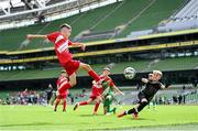 29 May 2024; Tom Ó Caoimh of Gaelscoil Choinn tSáile, Cork, scores a goal in their B Cup, for mixed medium sized schools, match against Scoil Phádraig, Westport, Mayo, during the FAI Primary 5s Finals day at Aviva Stadium in Dublin. Photo by Stephen McCarthy/Sportsfile