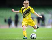 29 May 2024; Eoin Hirrell of Scoil Íosagáin, Buncrana, Inishowen, Donegal, during the FAI Primary 5s Finals day at Aviva Stadium in Dublin. Photo by Stephen McCarthy/Sportsfile