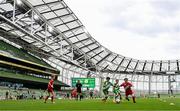 29 May 2024; A general view of the action between Beaumont BNS, Blackrock, Cork, red, and St Joseph’s PS, Ballinrobe, Mayo, green, during the FAI Primary 5s Finals day at Aviva Stadium in Dublin. Photo by Stephen McCarthy/Sportsfile