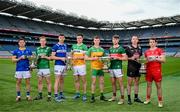 30 May 2024; Players, from left, Lory Meagher Cup finalists Longford's John Casey and Fermanagh's Ryan Bogue; Joe McDonagh Cup finalists Laois' Aaron Dunphy and Offaly's Cillian Kiely; Nickey Rackard Cup finalists Donegal's Conor Gartland and Mayo's David Kenny; Christy Ring Cup finalists Kildare's Paddy McKenna and Derry's Cormac O’Doherty during a Joe McDonagh, Christy Ring, Nickey Rackard, Lory Meagher Cup Final media day at Croke Park in Dublin. Photo by Stephen McCarthy/Sportsfile