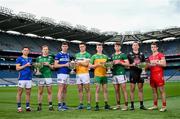 30 May 2024; Players, from left, Lory Meagher Cup finalists Longford's John Casey and Fermanagh's Ryan Bogue; Joe McDonagh Cup finalists Laois' Aaron Dunphy and Offaly's Cillian Kiely; Nickey Rackard Cup finalists Donegal's Conor Gartland and Mayo's David Kenny; Christy Ring Cup finalists Kildare's Paddy McKenna and Derry's Cormac O’Doherty during a Joe McDonagh, Christy Ring, Nickey Rackard, Lory Meagher Cup Final media day at Croke Park in Dublin. Photo by Stephen McCarthy/Sportsfile