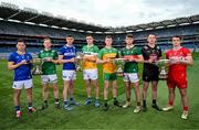 30 May 2024; Players, from left, Lory Meagher Cup finalists Longford's John Casey and Fermanagh's Ryan Bogue; Joe McDonagh Cup finalists Laois' Aaron Dunphy and Offaly's Cillian Kiely; Nickey Rackard Cup finalists Donegal's Conor Gartland and Mayo's David Kenny; Christy Ring Cup finalists Kildare's Paddy McKenna and Derry's Cormac O’Doherty during a Joe McDonagh, Christy Ring, Nickey Rackard, Lory Meagher Cup Final media day at Croke Park in Dublin. Photo by Stephen McCarthy/Sportsfile
