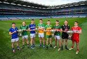 30 May 2024; Players, from left, Lory Meagher Cup finalists Longford's John Casey and Fermanagh's Ryan Bogue; Joe McDonagh Cup finalists Laois' Aaron Dunphy and Offaly's Cillian Kiely; Nickey Rackard Cup finalists Donegal's Conor Gartland and Mayo's David Kenny; Christy Ring Cup finalists Kildare's Paddy McKenna and Derry's Cormac O’Doherty during a Joe McDonagh, Christy Ring, Nickey Rackard, Lory Meagher Cup Final media day at Croke Park in Dublin. Photo by Stephen McCarthy/Sportsfile