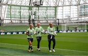30 May 2024; Goalkeepers, from left, Sophie Whitehouse, Courtney Brosnan and Grace Moloney during a Republic of Ireland women's training session at Aviva Stadium in Dublin. Photo by Stephen McCarthy/Sportsfile
