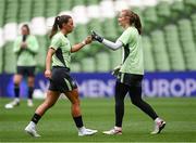 30 May 2024; Katie McCabe and goalkeeper Courtney Brosnan during a Republic of Ireland women's training session at Aviva Stadium in Dublin. Photo by Stephen McCarthy/Sportsfile