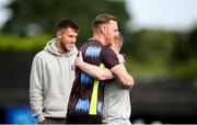 31 May 2024; Daryl Horgan of Dundalk goalkeeping coach Peter Cherrie embrace before the SSE Airtricity Men's Premier Division match between Dundalk and Derry City at Oriel Park in Dundalk, Louth. Photo by Michael P Ryan/Sportsfile