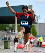 31 May 2024; Michelle Nnadi of Taylors Hill Galway competes in the minor girls long jump during day one of the 123.ie All-Ireland Schools’ Track and Field Championships at Tullamore Harriers Athletics Club in Offaly. Photo by David Fitzgerald/Sportsfile