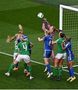 31 May 2024; Republic of Ireland goalkeeper Courtney Brosnan punches clear under pressure from Magdalena Eriksson of Sweden during the 2025 UEFA Women's European Championship qualifying match between Republic of Ireland and Sweden at Aviva Stadium in Dublin. Photo by Seb Daly/Sportsfile