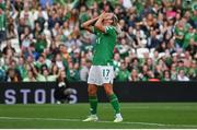 31 May 2024; Lily Agg of Republic of Ireland reacts after a missed opportunity on goal during the 2025 UEFA Women's European Championship qualifying match between Republic of Ireland and Sweden at Aviva Stadium in Dublin. Photo by Stephen McCarthy/Sportsfile