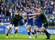 31 May 2024; Ciarán Frawley of Leinster in action against Conor Oliver, left, and Peter Dooley of Connacht during the United Rugby Championship match between Leinster and Connacht at the RDS Arena in Dublin. Photo by Sam Barnes/Sportsfile