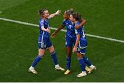 31 May 2024; Johanna Rytting Kaneryd, right, celebrates with Sweden teammates Madelen Janogy, centre, and Kosovare Asllani after scoring their side's first goal during the 2025 UEFA Women's European Championship qualifying match between Republic of Ireland and Sweden at Aviva Stadium in Dublin. Photo by Seb Daly/Sportsfile