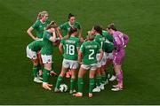 31 May 2024; Republic of Ireland players huddle after conceding their first goal during the 2025 UEFA Women's European Championship qualifying match between Republic of Ireland and Sweden at Aviva Stadium in Dublin. Photo by Seb Daly/Sportsfile