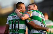 31 May 2024; Graham Burke of Shamrock Rovers, left, celebrates with team-mate Lee Grace after scoring his side's second goal during the SSE Airtricity Men's Premier Division match between Drogheda United and Shamrock Rovers at Weavers Park in Drogheda, Louth. Photo by Shauna Clinton/Sportsfile