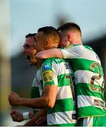 31 May 2024; Graham Burke of Shamrock Rovers, centre,  celebrates after scoring his side's second goal during the SSE Airtricity Men's Premier Division match between Drogheda United and Shamrock Rovers at Weavers Park in Drogheda, Louth. Photo by Shauna Clinton/Sportsfile