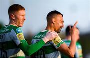 31 May 2024; Graham Burke of Shamrock Rovers, right,  celebrates after scoring his side's second goal during the SSE Airtricity Men's Premier Division match between Drogheda United and Shamrock Rovers at Weavers Park in Drogheda, Louth. Photo by Shauna Clinton/Sportsfile
