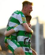 31 May 2024; Johnny Kenny of Shamrock Rovers, 24, celebrates with team-mate Conan Noonan after scoring his side's second goal during the SSE Airtricity Men's Premier Division match between Drogheda United and Shamrock Rovers at Weavers Park in Drogheda, Louth. Photo by Shauna Clinton/Sportsfile