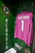 31 May 2024; The jersey of Courtney Brosnan hangs in the Republic of Ireland dressing room before the 2025 UEFA Women's European Championship qualifying match between Republic of Ireland and Sweden at Aviva Stadium in Dublin. Photo by Stephen McCarthy/Sportsfile