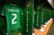 31 May 2024; The jersey of Jessie Stapleton hangs in the Republic of Ireland dressing room before the 2025 UEFA Women's European Championship qualifying match between Republic of Ireland and Sweden at Aviva Stadium in Dublin. Photo by Stephen McCarthy/Sportsfile