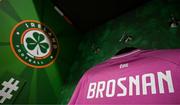 31 May 2024; The jersey of Courtney Brosnan hangs in the Republic of Ireland dressing room before the 2025 UEFA Women's European Championship qualifying match between Republic of Ireland and Sweden at Aviva Stadium in Dublin. Photo by Stephen McCarthy/Sportsfile