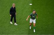 31 May 2024; Republic of Ireland head coach Eileen Gleeson, left, and Katie McCabe before the 2025 UEFA Women's European Championship qualifying match between Republic of Ireland and Sweden at Aviva Stadium in Dublin. Photo by Seb Daly/Sportsfile