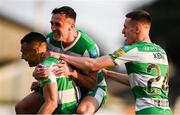 31 May 2024; Graham Burke of Shamrock Rovers, left, celebrates  with team-mates Aaron McEneff, centre, and Johnny Kenny after scoring his side's second goal during the SSE Airtricity Men's Premier Division match between Drogheda United and Shamrock Rovers at Weavers Park in Drogheda, Louth. Photo by Shauna Clinton/Sportsfile