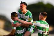 31 May 2024; Graham Burke of Shamrock Rovers, left, celebrates  with team-mates Aaron McEneff, centre, and Johnny Kenny after scoring his side's second goal during the SSE Airtricity Men's Premier Division match between Drogheda United and Shamrock Rovers at Weavers Park in Drogheda, Louth. Photo by Shauna Clinton/Sportsfile