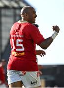 1 June 2024; Simon Zebo of Munster celebrates his side's third try, scored by teammate Shane Daly, not pictured, during the United Rugby Championship match between Munster and Ulster at Thomond Park in Limerick. Photo by Seb Daly/Sportsfile