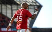 1 June 2024; Simon Zebo of Munster celebrates his side's third try, scored by teammate Shane Daly, not pictured, during the United Rugby Championship match between Munster and Ulster at Thomond Park in Limerick. Photo by Seb Daly/Sportsfile