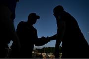 1 June 2024; Dublin manager Dessie Farrell, left, shakes hands with Cavan manager Raymond Galligan after the GAA Football All-Ireland Senior Championship Round 2 match between Cavan and Dublin at Kingspan Breffni in Cavan. Photo by Ramsey Cardy/Sportsfile