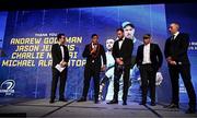 1 June 2024; Departing Leinster players Michael Ala'alatoa, Jason Jenkins and Charlie Ngatai and Backs coach Andrew Goodman speak to MC Joe Molloy during the 2024 Leinster Rugby Awards Ball at The InterContinental Hotel in Dublin. Photo by Harry Murphy/Sportsfile