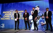 1 June 2024; Departing Leinster players Michael Ala'alatoa, Jason Jenkins and Charlie Ngatai speak to MC Joe Molloy during the 2024 Leinster Rugby Awards Ball at The InterContinental Hotel in Dublin. Photo by Harry Murphy/Sportsfile