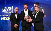 1 June 2024; Joe McCarthy is presented with the Laya Healthcare Men’s Young Player of the Year award by D.O. O’Connor of Laya Healthcare and Leinster Rugby president Billy Murphy during the 2024 Leinster Rugby Awards Ball at The InterContinental Hotel in Dublin. Photo by Harry Murphy/Sportsfile