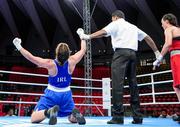 2 June 2024; Grainne Walsh of Ireland celebrate after winning in  their Women's 66kg Quarterfinals against Ani Hovsepyan of Armenia at the Paris 2024 Olympic Boxing Qualification Tournament at Hua Mak Indoor Stadium in Bangkok, Thailand. Photo by Joe Walsh/Sportsfile