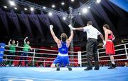 2 June 2024; Grainne Walsh of Ireland celebrate after winning in  their Women's 66kg Quarterfinals against Ani Hovsepyan of Armenia at the Paris 2024 Olympic Boxing Qualification Tournament at Hua Mak Indoor Stadium in Bangkok, Thailand. Photo by Joe Walsh/Sportsfile