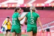 2 June 2024; Stacey Flood of Ireland celebrates with her teammate Kate Farrell McCabe after scoring a try during the HSBC Women's SVNS 2024 Grand Finals play-off match between Ireland and Great Britain at Civitas Metropolitano Stadium in Madrid, Spain. Photo by Juan Gasparini/Sportsfile