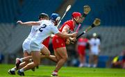 2 June 2024; John Mullan of Derry is tackled by Daniel O'Meara, 2, and Cathal McCabe of Kildare during the Christy Ring Cup final match between Kildare and Derry at Croke Park in Dublin. Photo by Ray McManus/Sportsfile