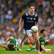 2 June 2024; Tony Brosnan of Kerry gets away from Sean Ryan, left, and Brian O'Halloran of Meath during the GAA Football All-Ireland Senior Championship Round 2 match between Meath and Kerry at Páirc Tailteann in Navan, Meath. Photo by Stephen Marken/Sportsfile