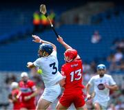 2 June 2024; Mark Grace of Kildare and John Mullan of Derry fail to catch the dropping sliotar during the Christy Ring Cup final match between Kildare and Derry at Croke Park in Dublin. Photo by Ray McManus/Sportsfile