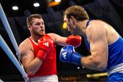 2 June 2024; Martin McDonagh of Ireland, left, in action against Davit Chaloyan of Armenia during their Men's +92kg Finals at the Paris 2024 Olympic Boxing Qualification Tournament at Hua Mak Indoor Stadium in Bangkok, Thailand. Photo by Joe Walsh/Sportsfile