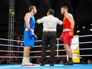2 June 2024; Martin McDonagh of Ireland, right, and Davit Chaloyan of Armenia before their Men's +92kg Finals at the Paris 2024 Olympic Boxing Qualification Tournament at Hua Mak Indoor Stadium in Bangkok, Thailand. Photo by Joe Walsh/Sportsfile