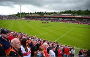 2 June 2024; Players, officials and spectators during the national anthem before the GAA Football All-Ireland Senior Championship Round 2 match between Derry and Armagh at Celtic Park in Derry. Photo by Seb Daly/Sportsfile