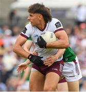 2 June 2024; Sean Fitzgerald of Galway in action against Kevin Maguire of Westmeath during the GAA Football All-Ireland Senior Championship Round 2 match between Westmeath and Galway at TEG Cusack Park in Mullingar, Westmeath. Photo by Matt Browne/Sportsfile